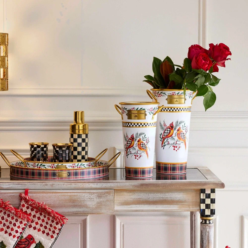 NEW Mackenzie Childs Holiday Cardinal Metal Flower Buckets, Set of 3